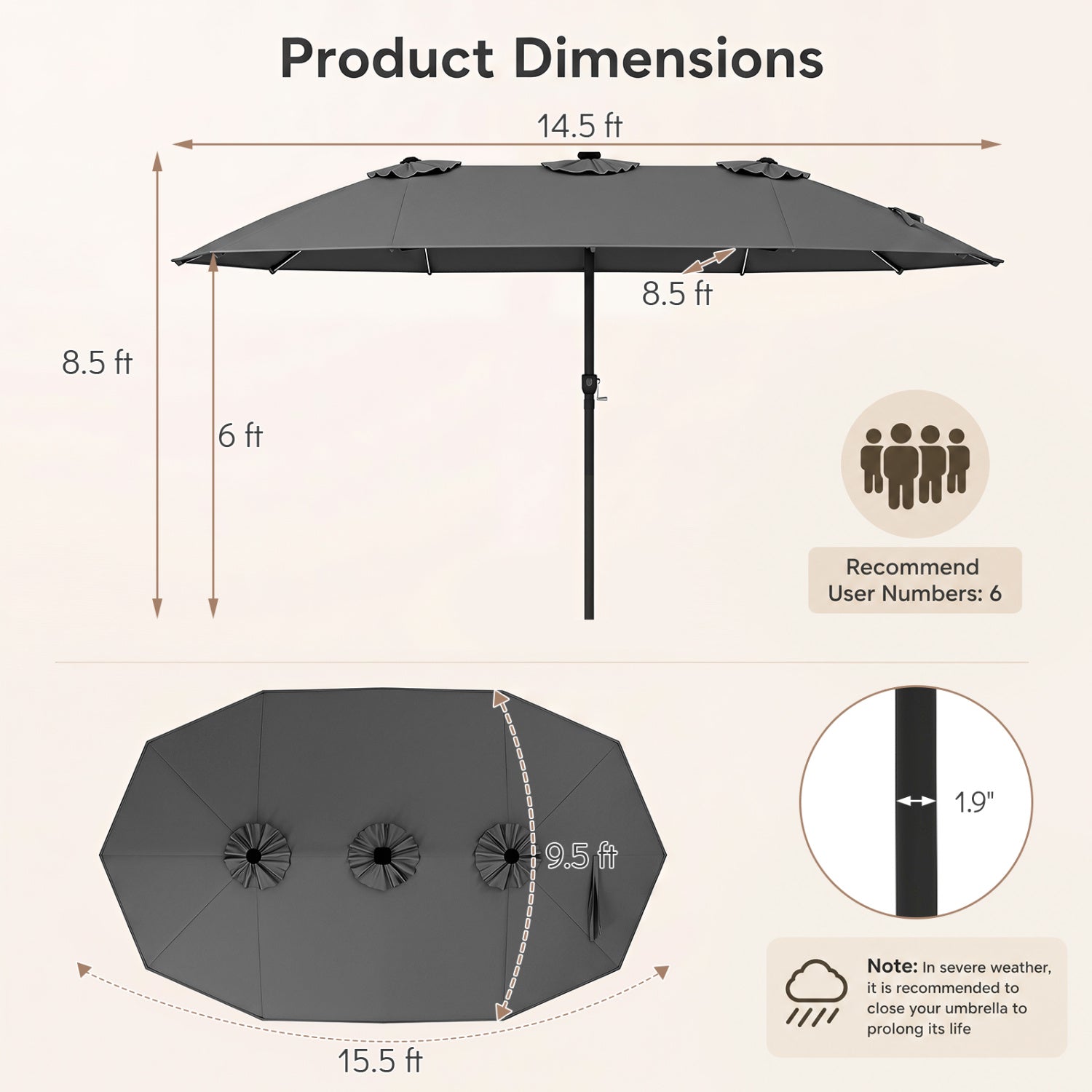 Patio Umbrella 15.5ft with Solar LED Lights and Crank