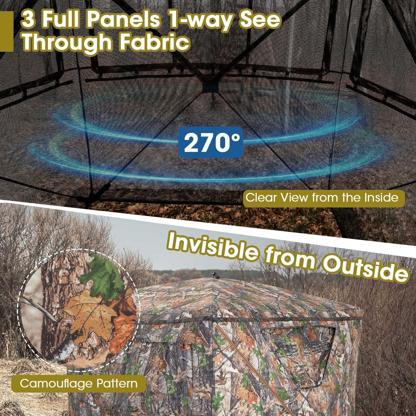 2-3 Person Hunting Blind Portable Pop Up Ground Tent with Carry Bag and Storage Pocket