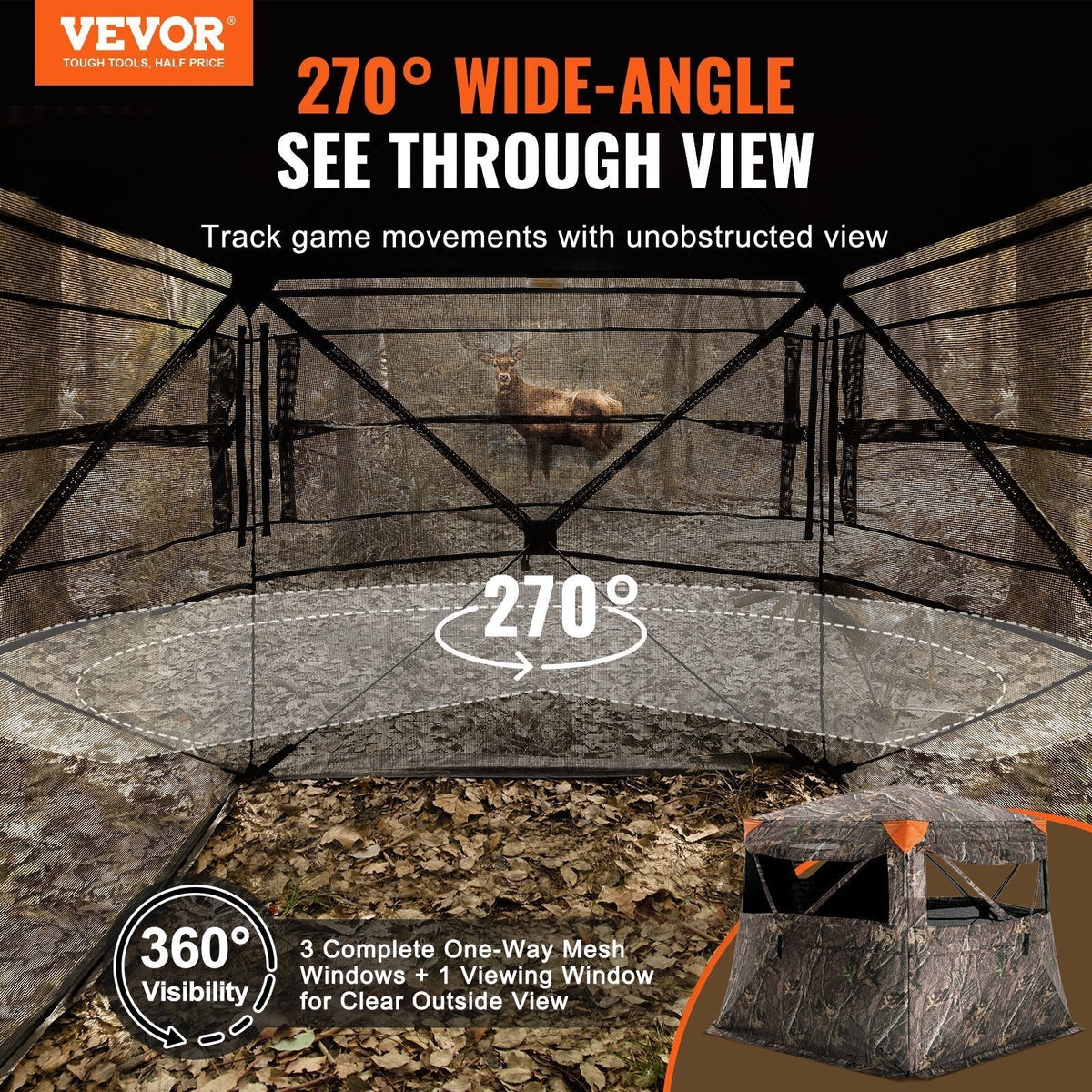 Hunting Blind, 270? See Through Ground Blind, 4-5 Person Pop Up Deer Blind for Hunting with Carrying Bag, Portable Resilient Hunting Tent, One-Way See-Through Mesh for Turkey and Deer Hunting