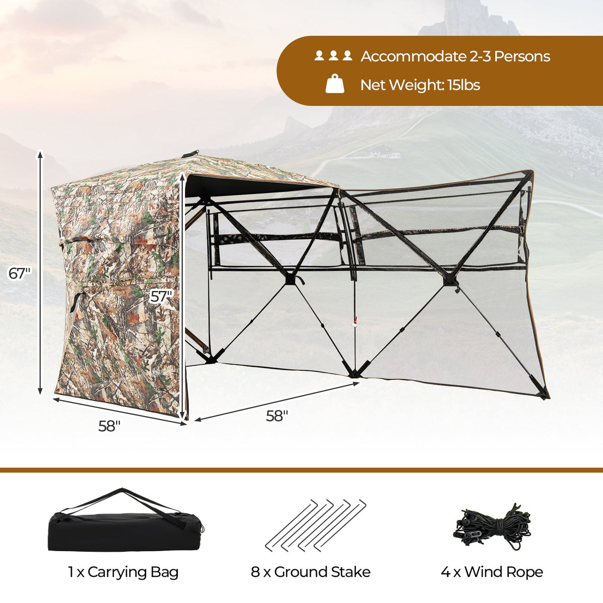 360° One Way See Through Hunting Blind Ground Blind with Portable Carrying Bag