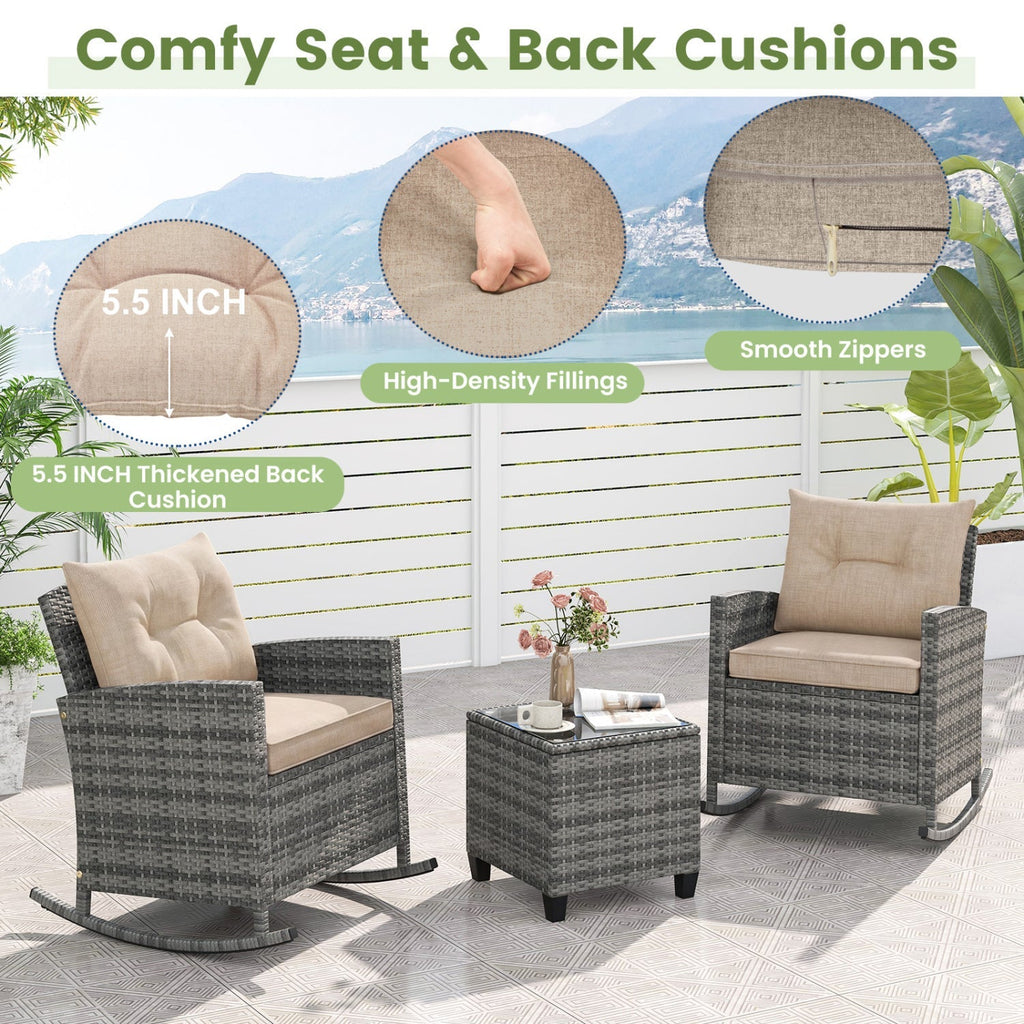 3-Piece Patio Rocking Chair Set with Glass Table