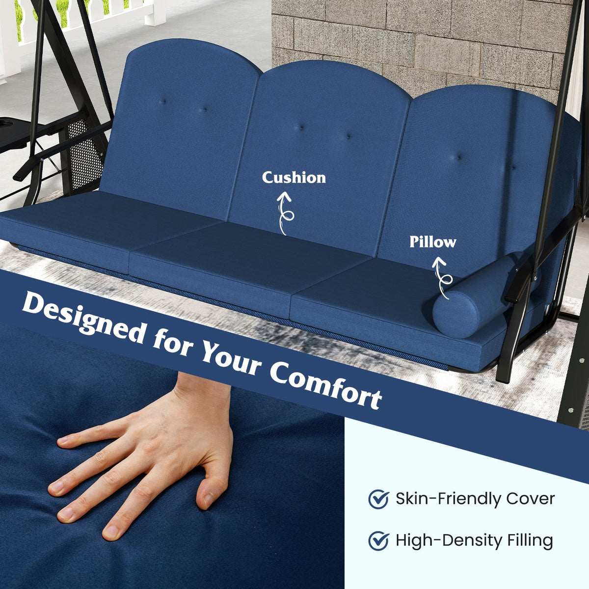 3-Seat Patio Swing Chair Porch Swing with Adjustable Canopy Thickened Cushions Pillow and Foldable Side Trays