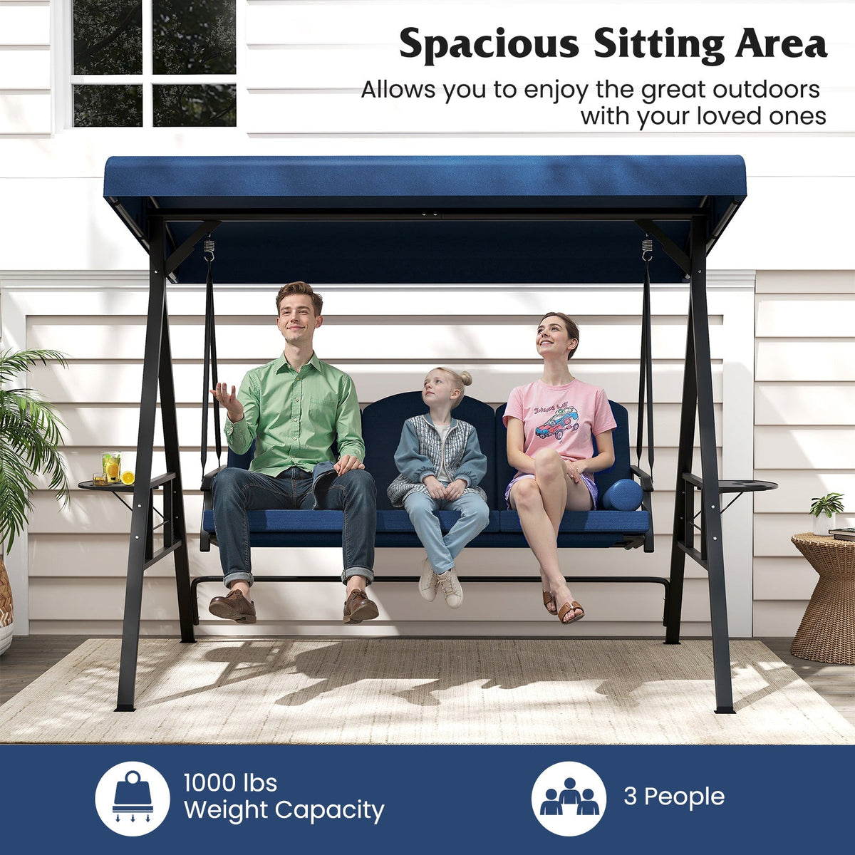 3-Seat Patio Swing Chair Porch Swing with Adjustable Canopy Thickened Cushions Pillow and Foldable Side Trays