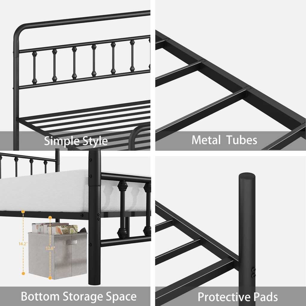 Metal Full Size Bed Frame with Headboard and Under Bed Storage - Black