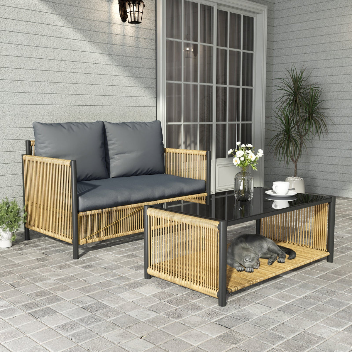 Outdoor PE Wicker 2-Seater Sofa Set with Tempered Glass Table - Grey Cushions