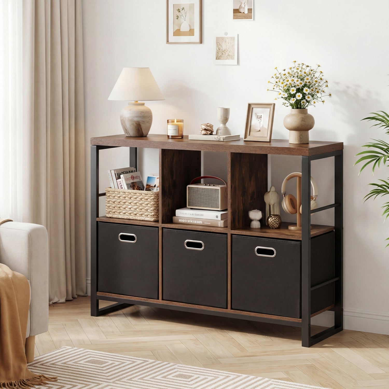 6-Cube Industrial Bookshelf with Storage Bins & Metal Frame