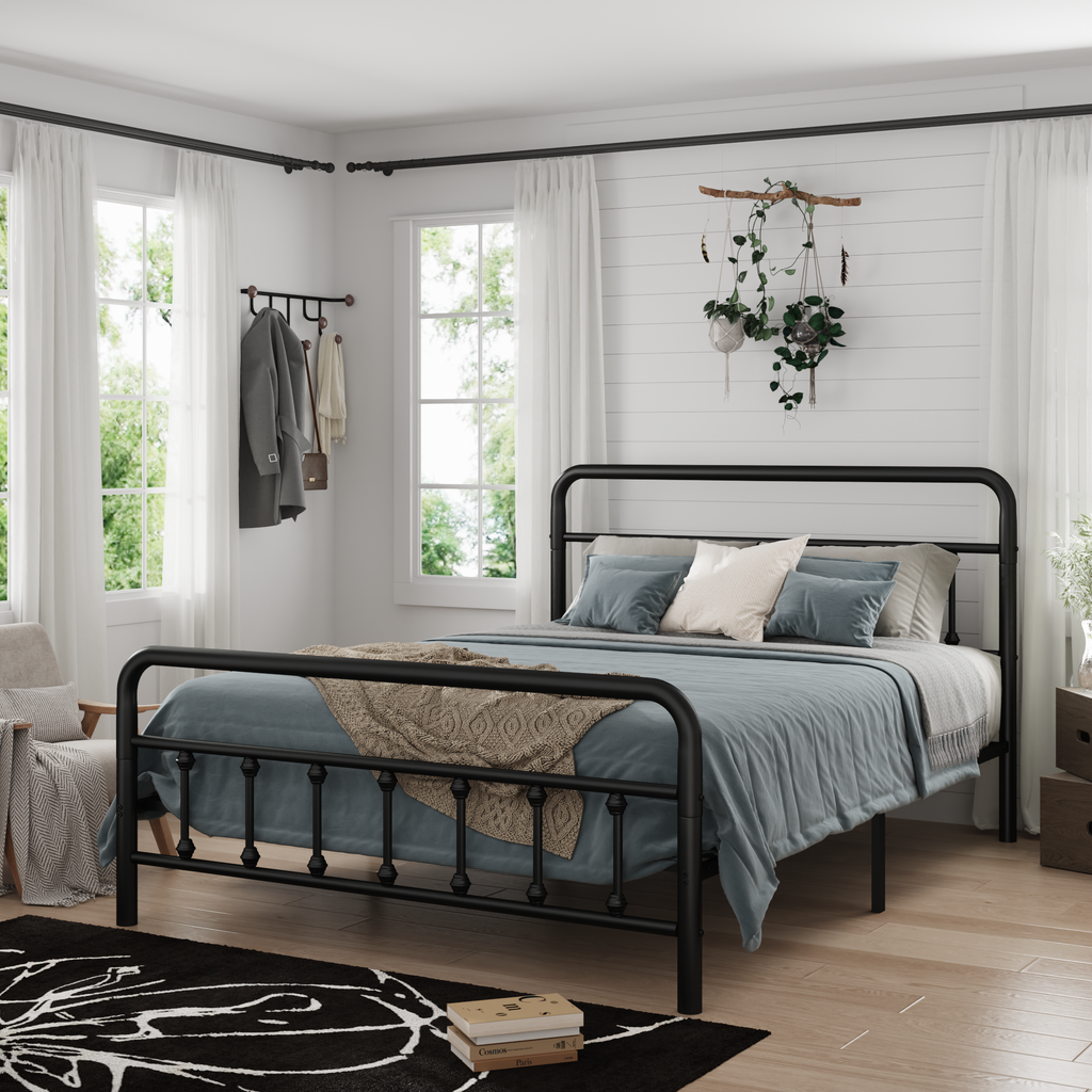 Metal Full Size Bed Frame with Headboard and Under Bed Storage - Black