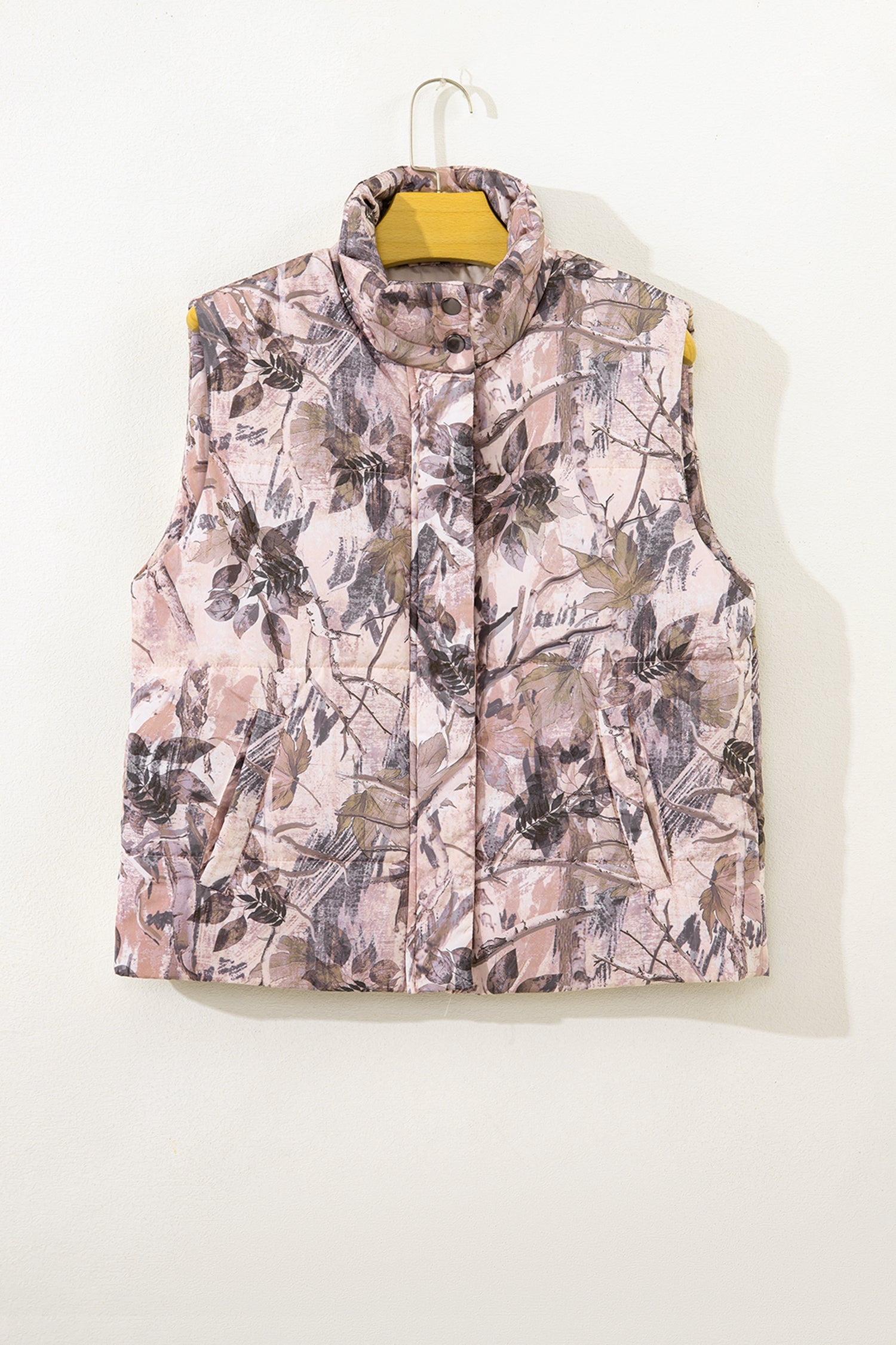 Brown Camo Leaf Print Winter Puffer Vest