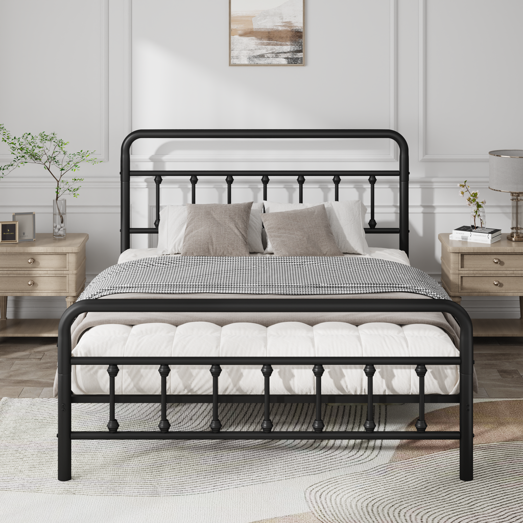 Metal Full Size Bed Frame with Headboard and Under Bed Storage - Black