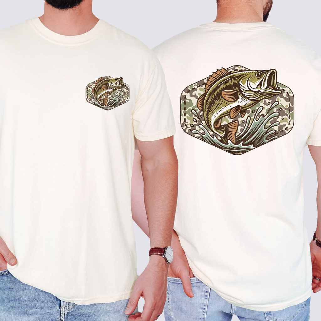 Bass Fishing Camouflage Old School Outdoorsman Print Inspired By Riverbank Angling Comfort Colors Tee