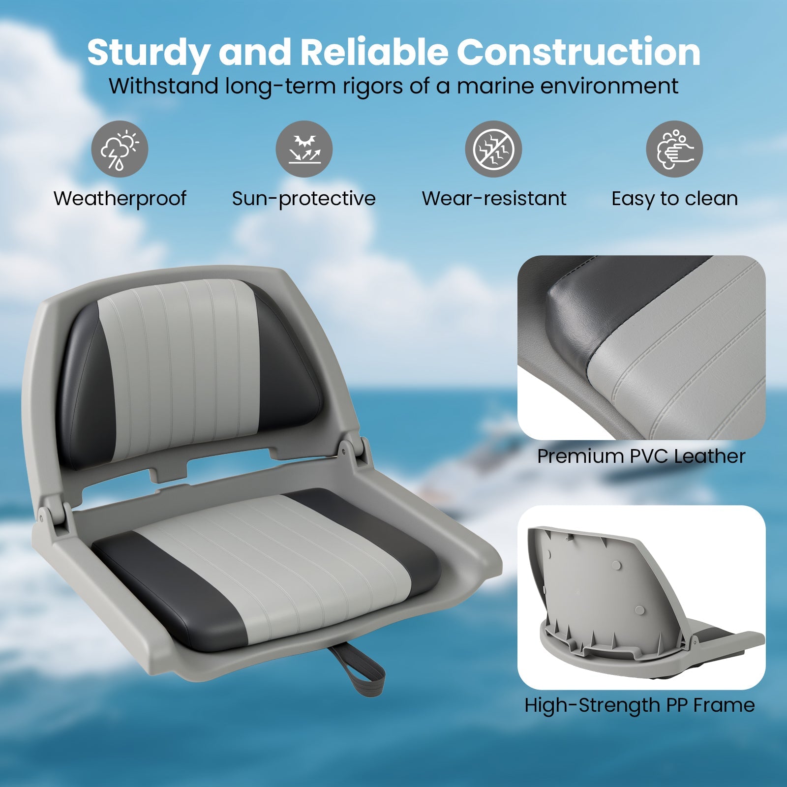 Boat Seat Folding Low Back Boat Chair with Marine-Grade PVC