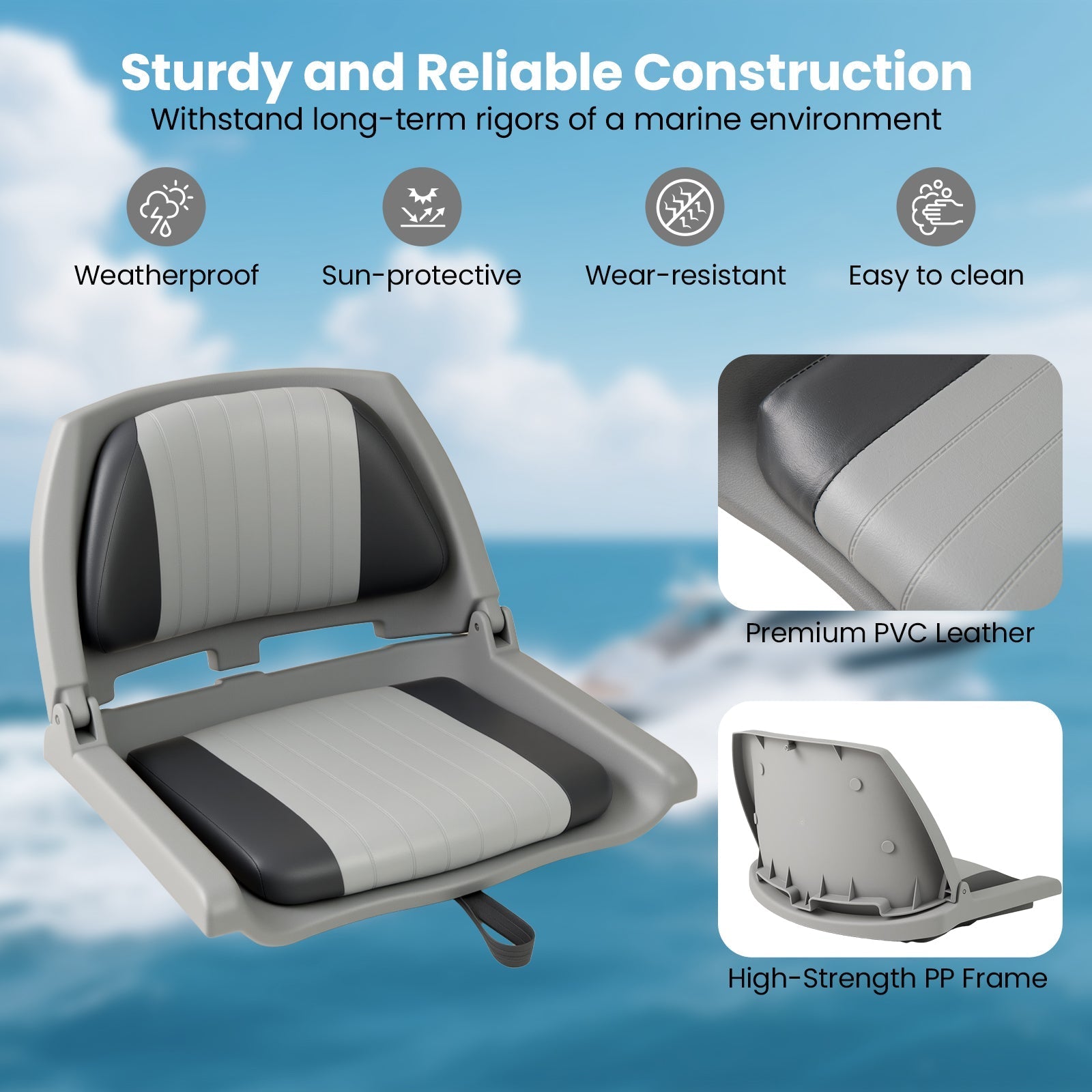 Boat Seat Folding Low Back Boat Chair with Marine-Grade PVC