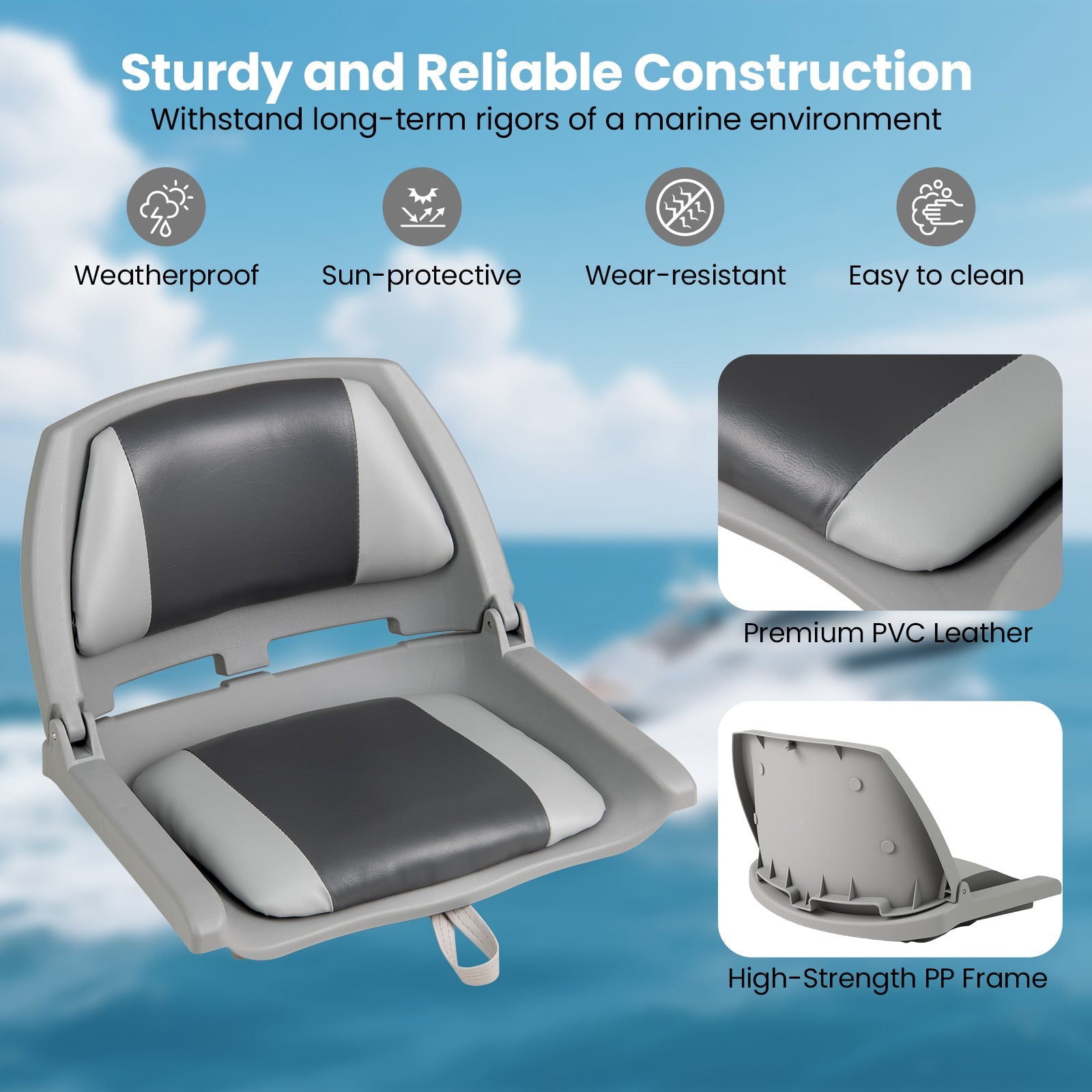 Boat Seat Folding Low Back Boat Chair with Marine-Grade PVC