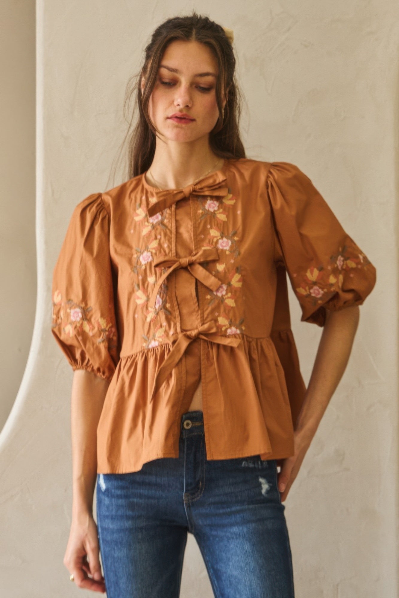 Poplin Front Ribbon Tie Blouse