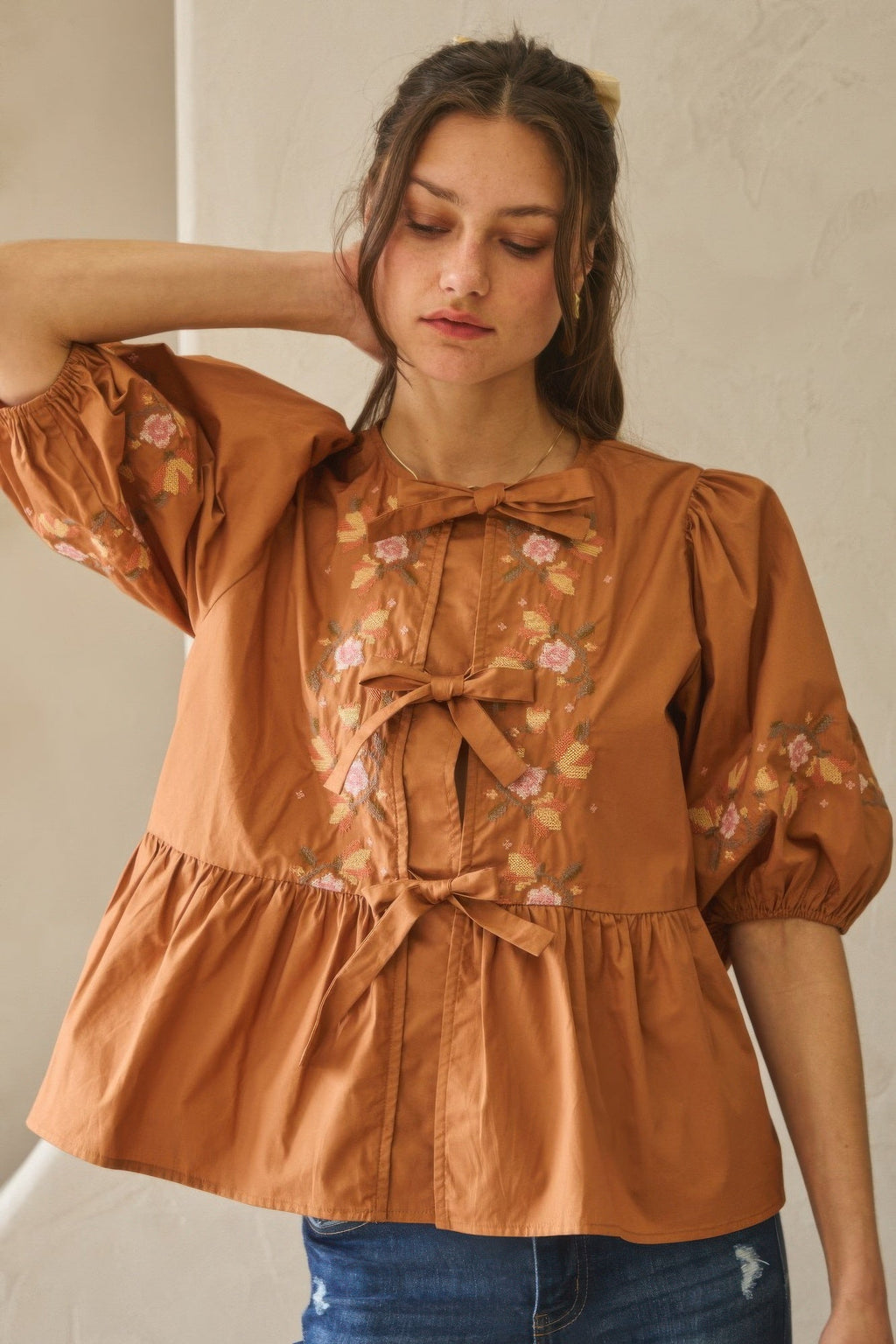 Poplin Front Ribbon Tie Blouse