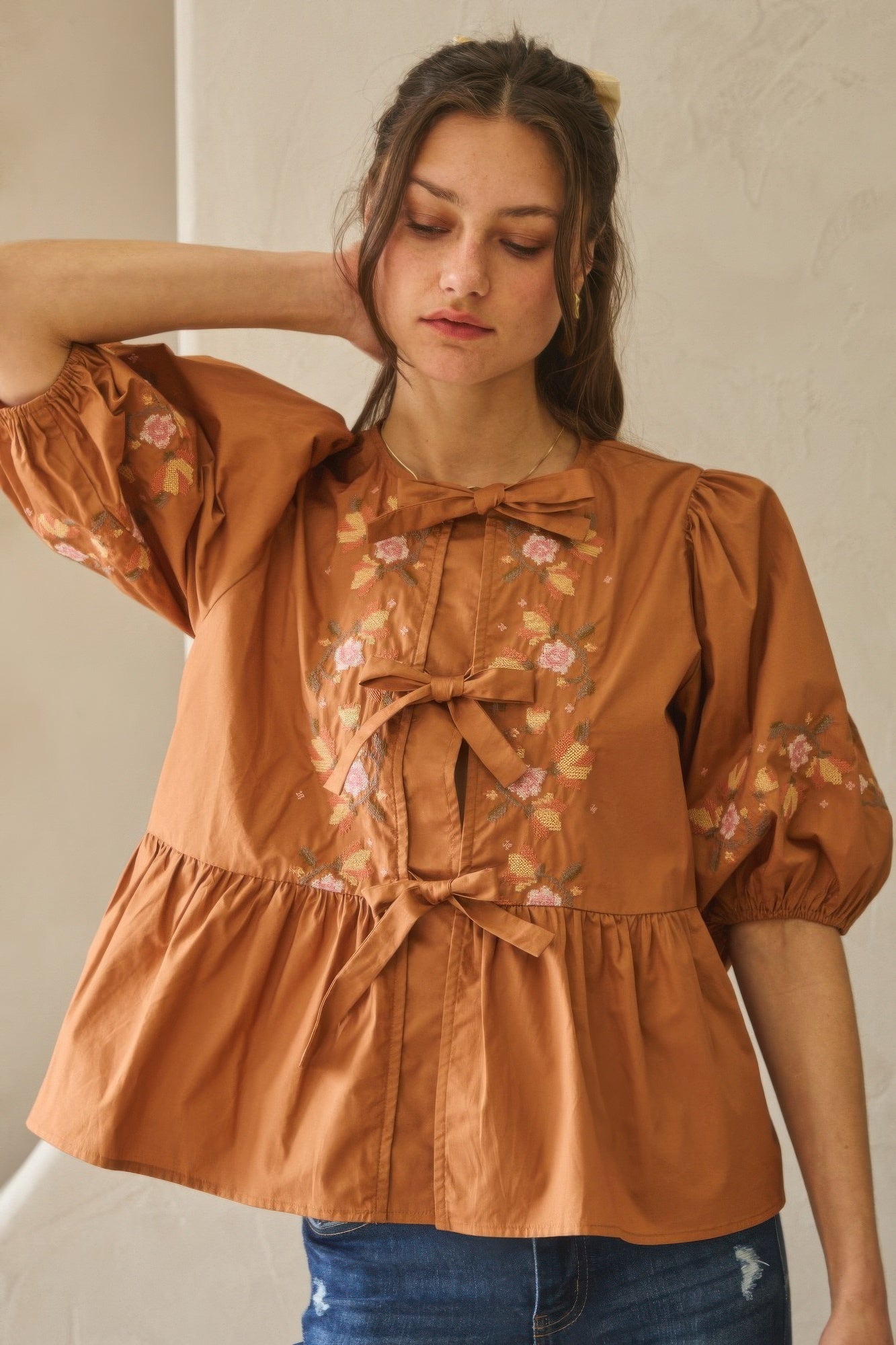 Poplin Front Ribbon Tie Blouse