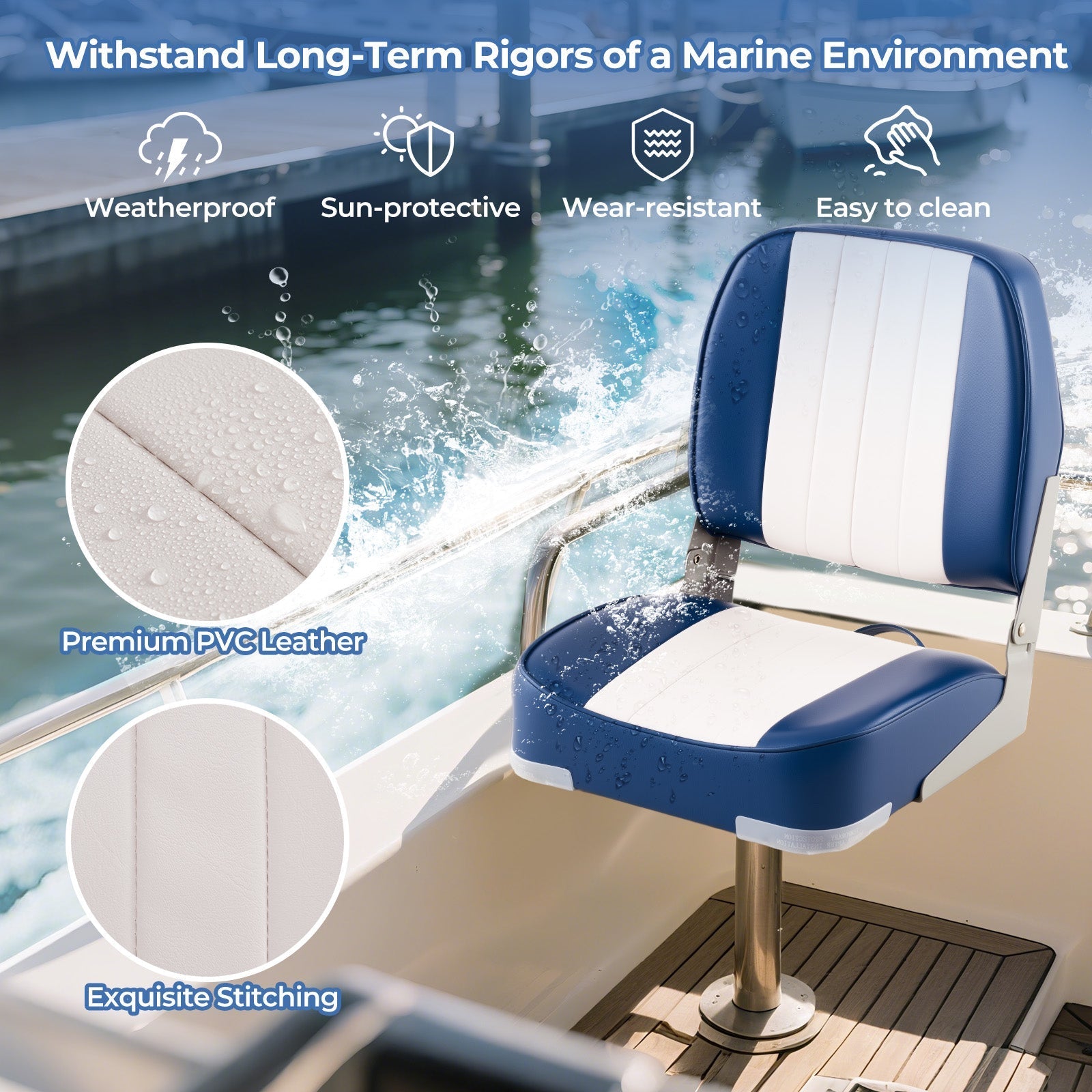 2-Pack Boat Seats Folding Low Back Boat Chairs Waterproof PVC Leather Cabin Seating
