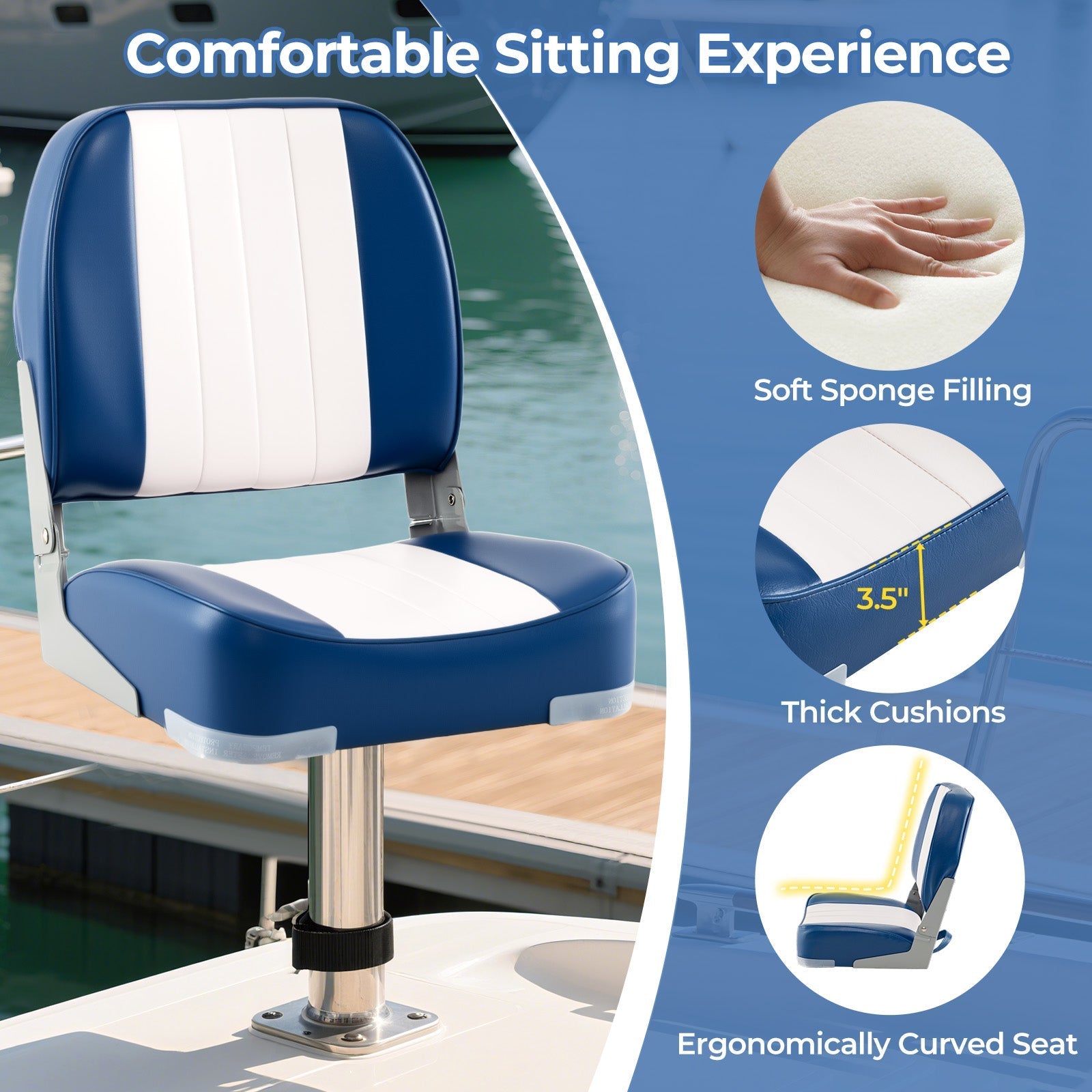 2-Pack Boat Seats Folding Low Back Boat Chairs Waterproof PVC Leather Cabin Seating