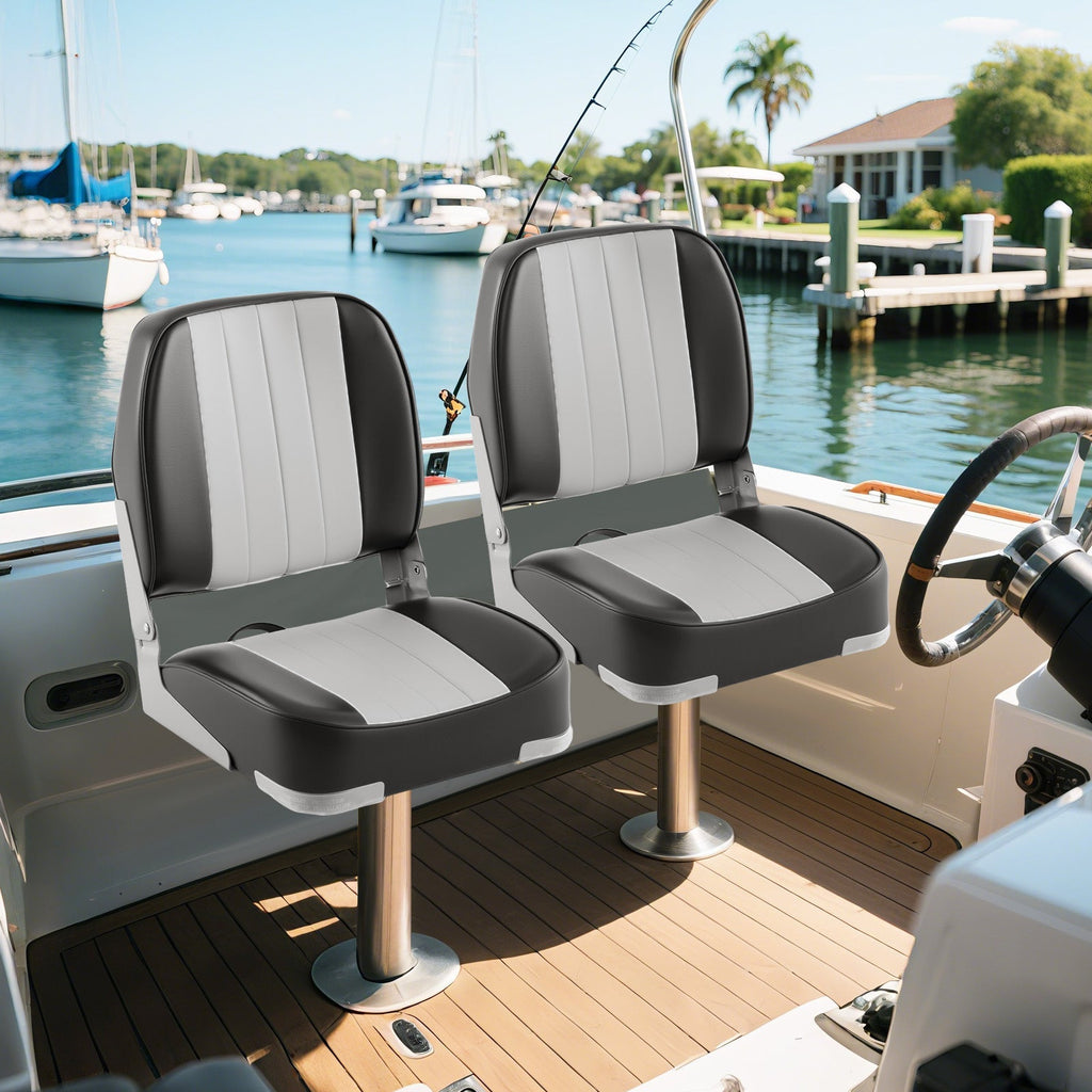 2-Pack Boat Seats Folding Low Back Boat Chairs Waterproof PVC Leather Cabin Seating