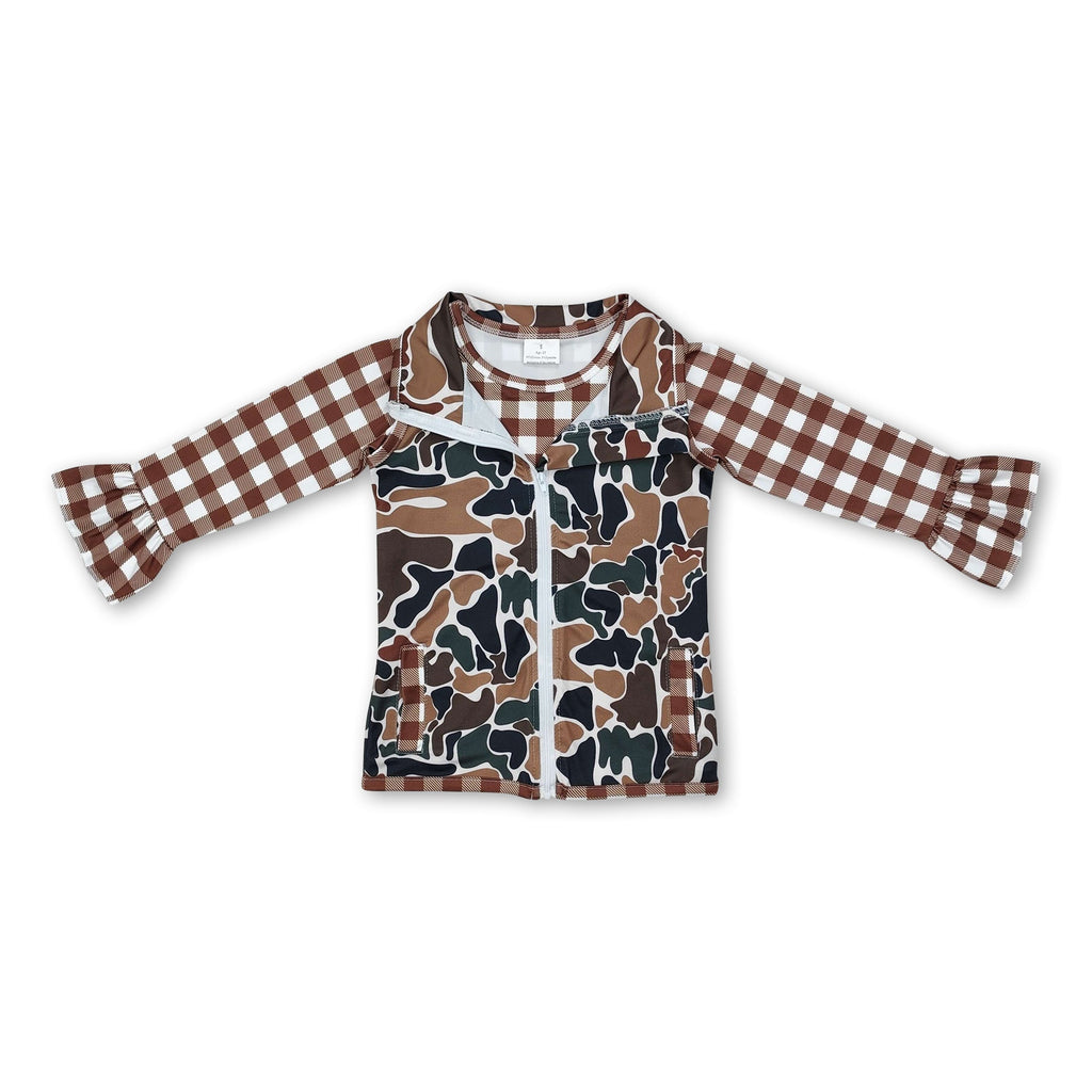 Sleeveless camo vest plaid shirt girls clothing set