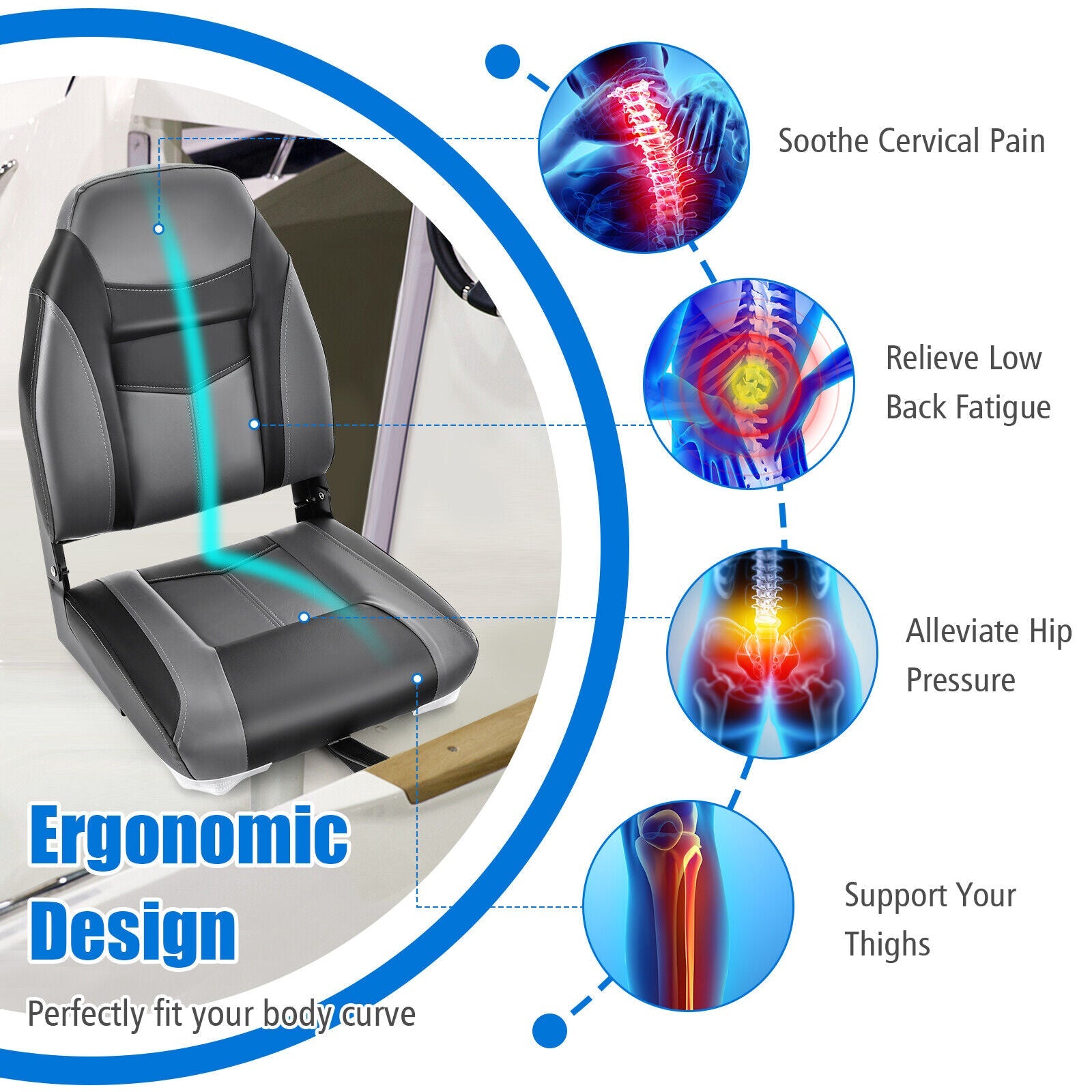 High Back Folding Boat Seats with Black Grey Sponge Cushion and Flexible Hinges