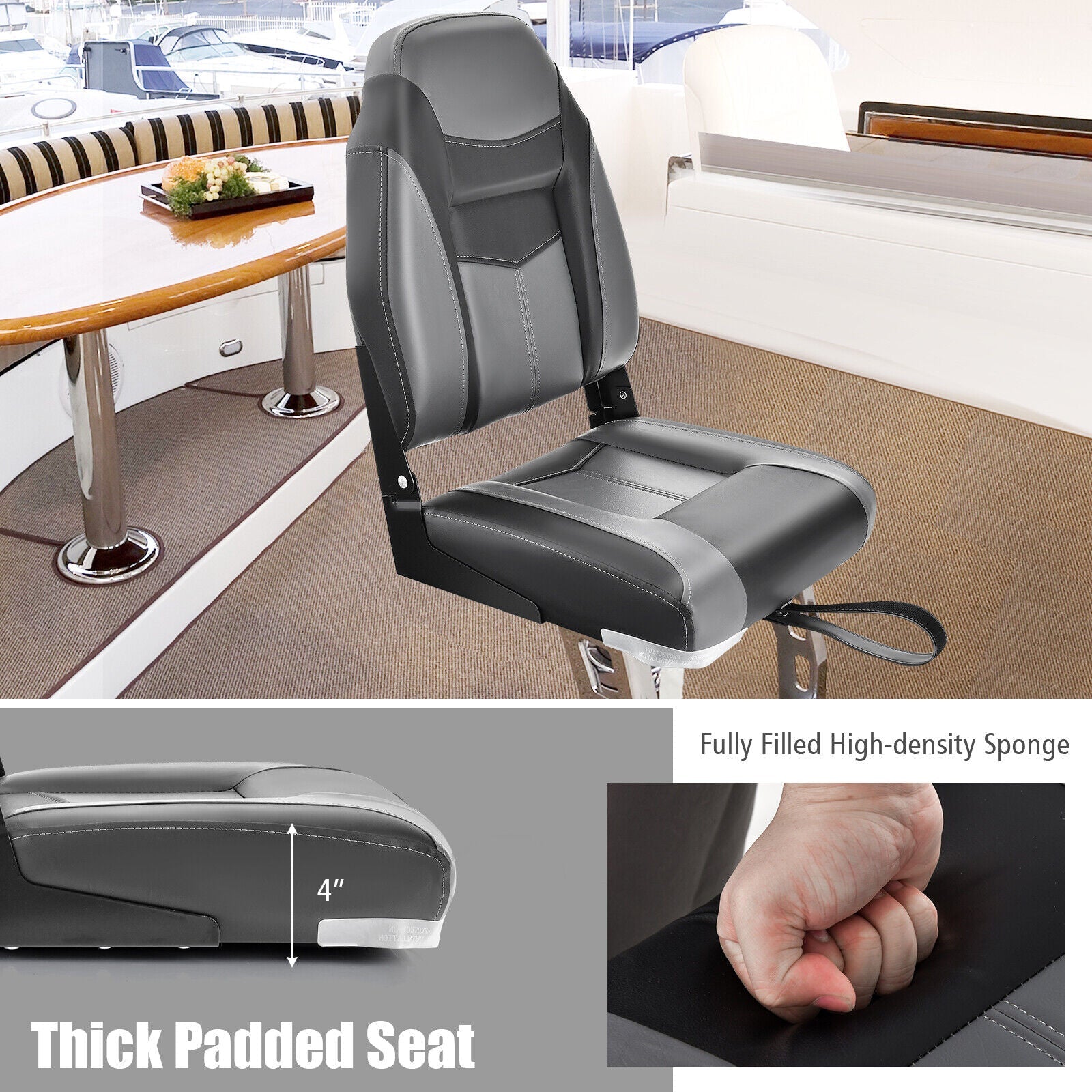 High Back Folding Boat Seats with Black Grey Sponge Cushion and Flexible Hinges