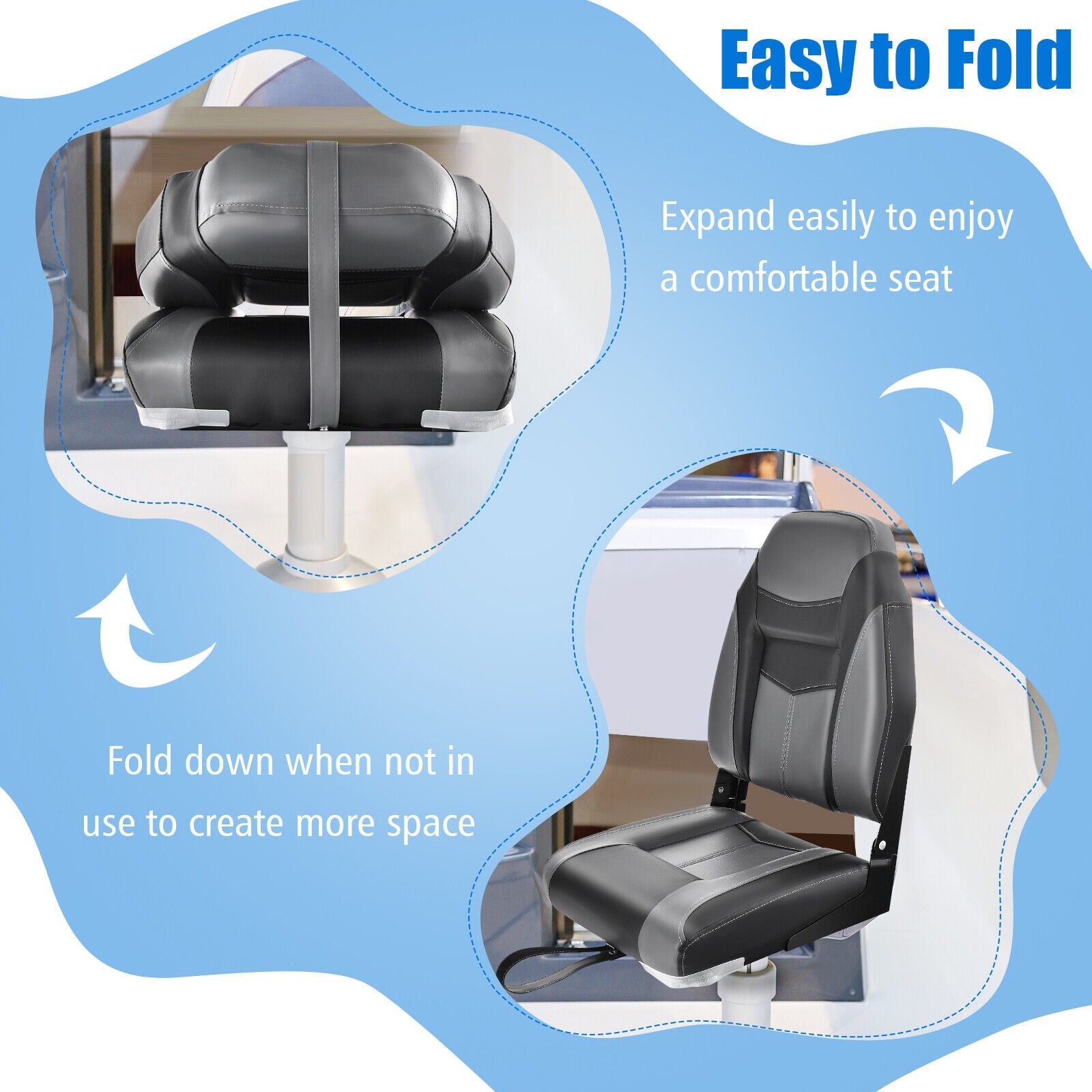 High Back Folding Boat Seats with Black Grey Sponge Cushion and Flexible Hinges