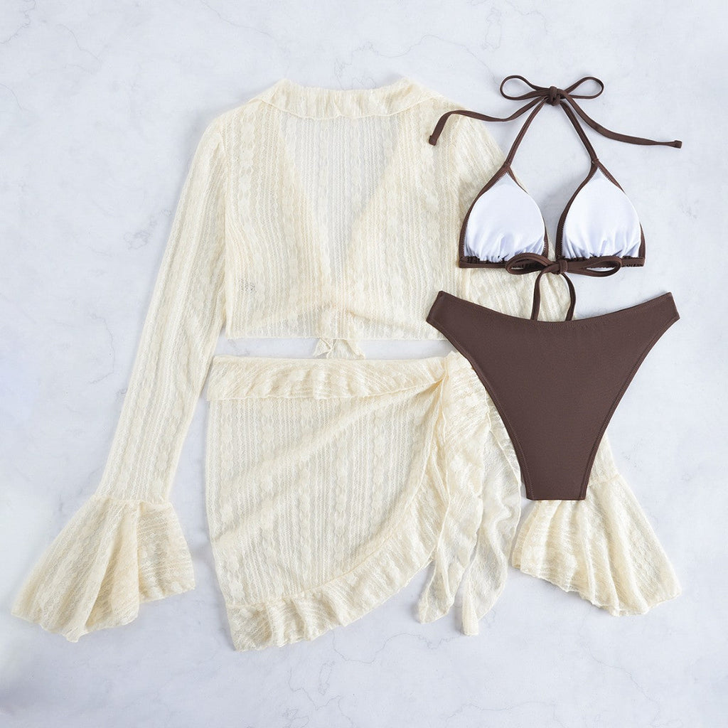 Long Sleeve Cover Up Triangle Apron Four Piece Bikini Lace Swimsuit Women's Swimwear Set