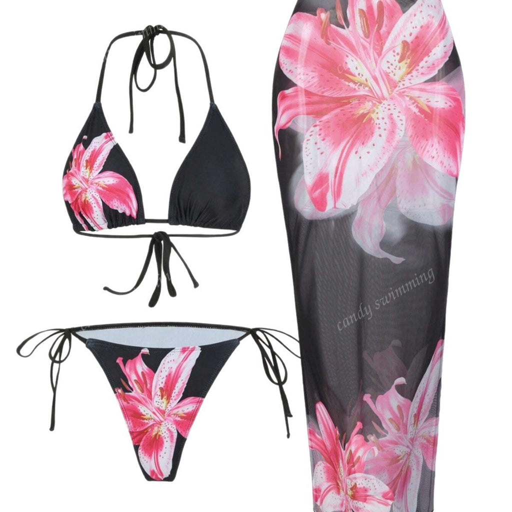 Apron Three Piece Bikini Vintage Print Long Skirt Swimsuit Women's Swimwear
