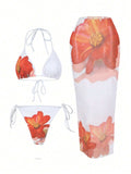 Apron Three Piece Bikini Vintage Print Long Skirt Swimsuit Women's Swimwear