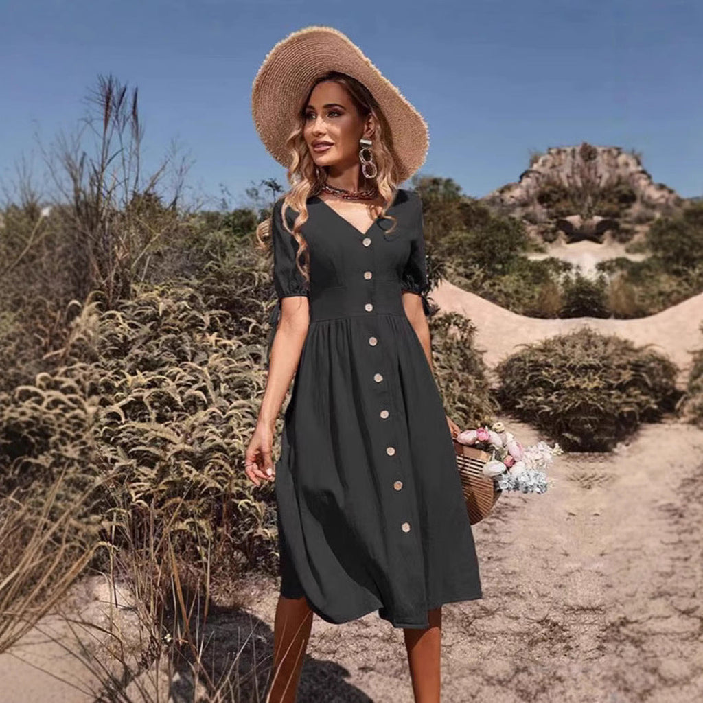 Women's Summer Short Sleeve Solid V-Neck A-Line Dress – Commuter Office Midi