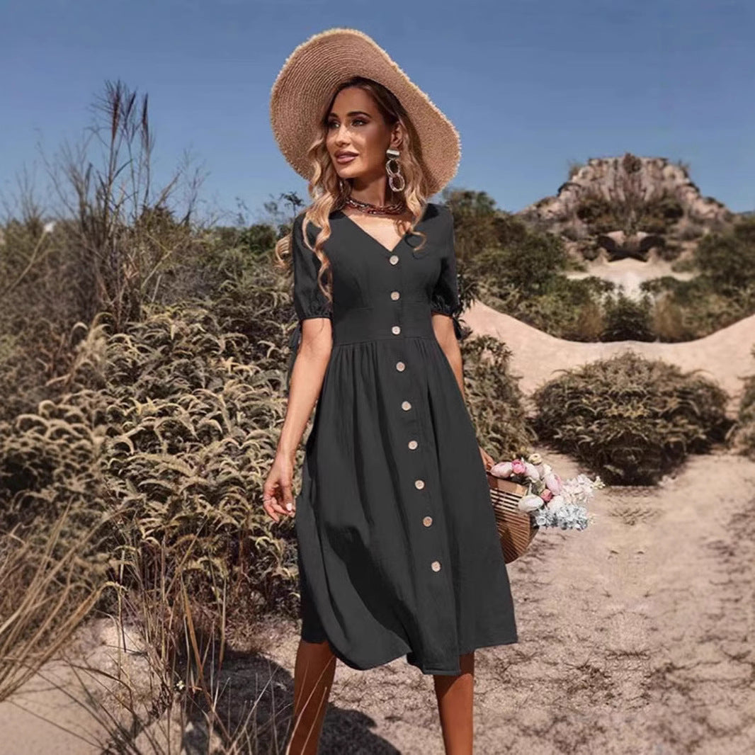 Women's Summer Short Sleeve Solid V-Neck A-Line Dress – Commuter Office Midi