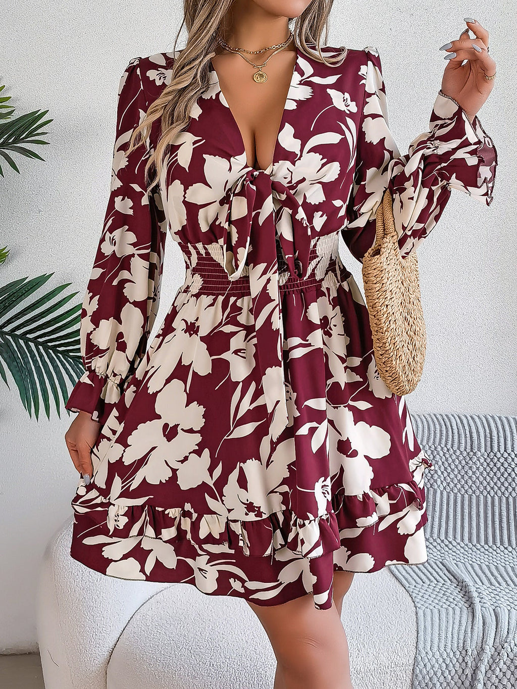 Autumn Winter Casual Floral Lace up Long Sleeve Wooden Ear A line Women Clothing