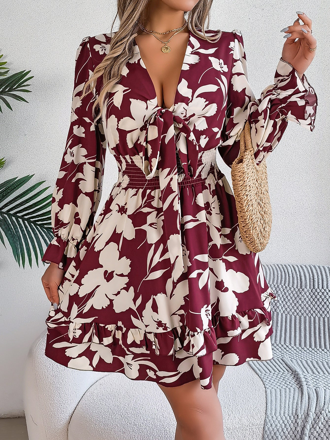 Autumn Winter Casual Floral Lace up Long Sleeve Wooden Ear A line Women Clothing
