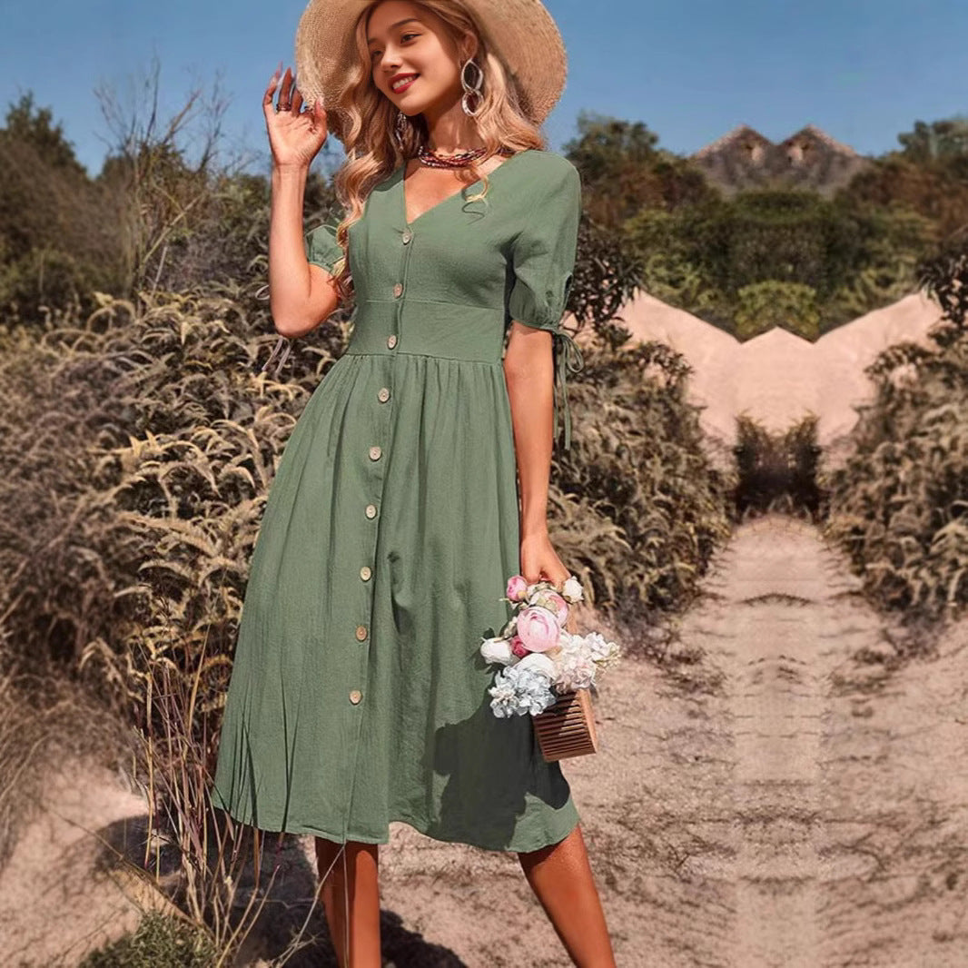 Women's Summer Short Sleeve Solid V-Neck A-Line Dress – Commuter Office Midi
