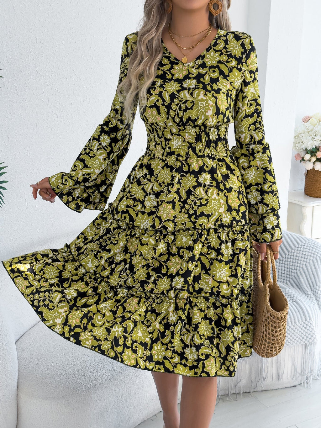 Women Clothing Spring Summer Retro Trumpet Sleeve Wooden Ear Waist A Line Dress