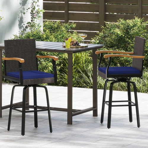 360° Swivel Outdoor Bar Stool with Cushion & Wood Armrests