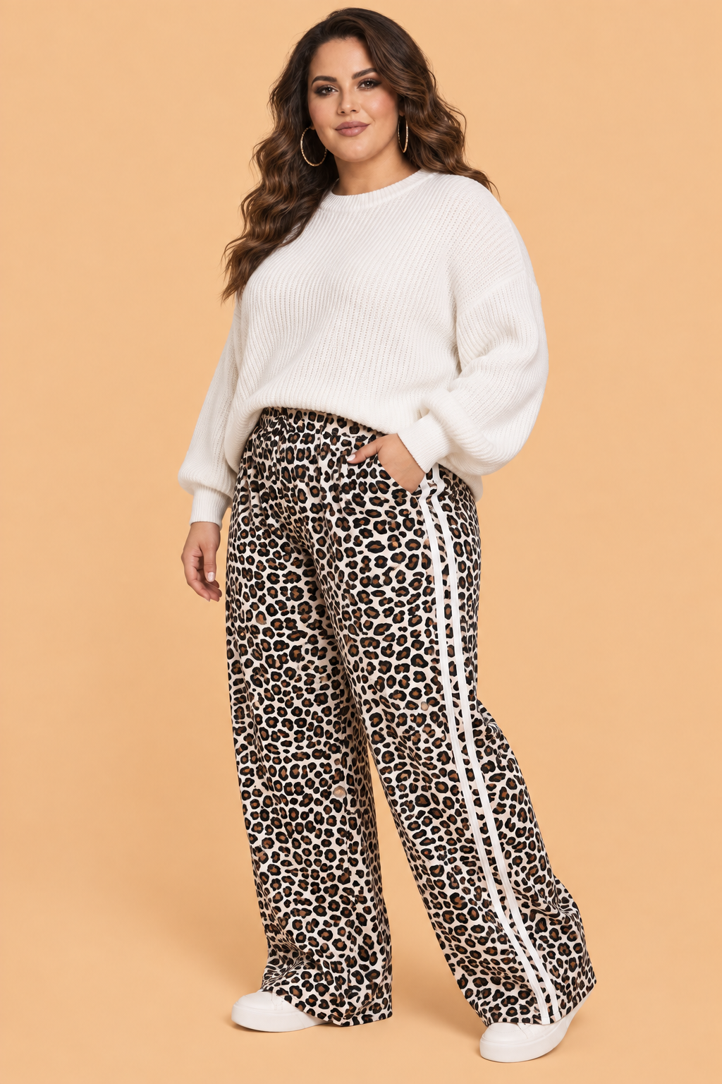 Plus Size Leopard Side Stripe Wide Leg Pants