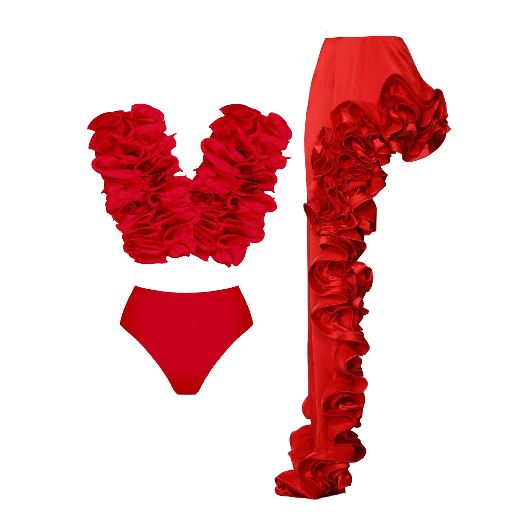 2025 Solid Red Flower Bikini Swimsuit Luxury Women Swimwear Sexy Swim Suit Deep V Monokini Off Shoulder Bodysuit Bathingsuit