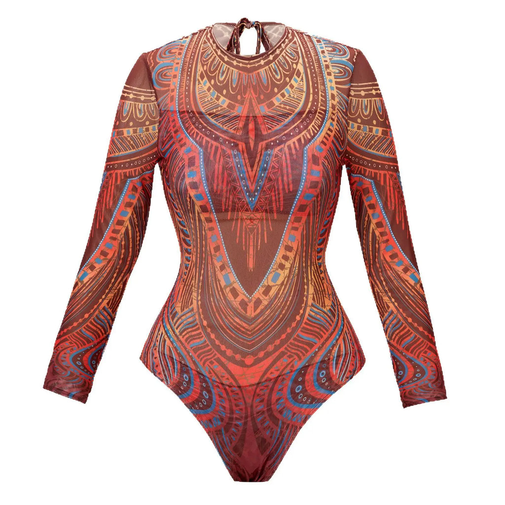 Vintage Blue Ethnic Print One Piece Swimsuit Mesh Long Skirt Set 2026 Women Long Sleeve Slim Fit Swimwear Summer Bathing Suits