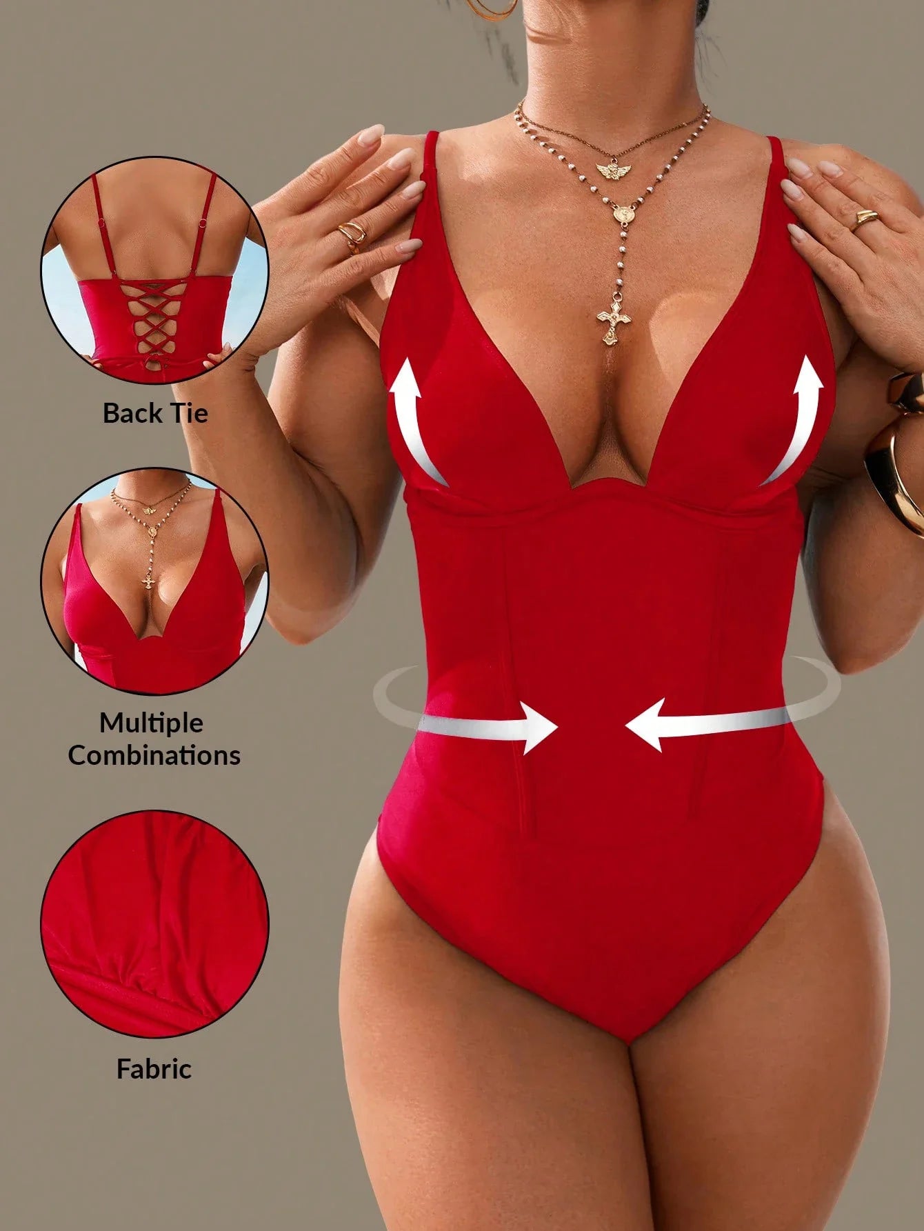Vintage Red Black One Piece Swimsuit Women V Wire Underwire Slim Tummy Control Swimwear Beach Bandage Cross Back Bathing Suits