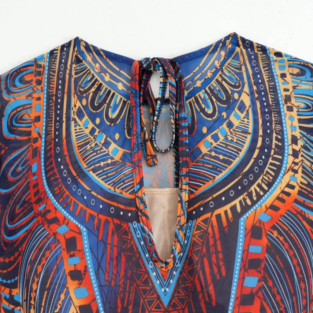 Vintage Blue Ethnic Print One Piece Swimsuit Mesh Long Skirt Set 2026 Women Long Sleeve Slim Fit Swimwear Summer Bathing Suits