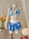 Vintage Pink Floral Print Contrast Bikini Set 2026 Women Drawstring Side Skirt 3 Piece Swimsuit Holiday Bathing Suit Swimwear