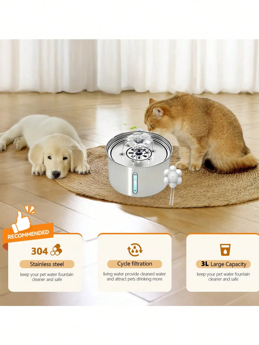 3L/101.45oz/0.793Gallon Stainless Steel Automatic Cat Water Drinker | Quiet USB Powered Pet Feeder with Water Level Indicator