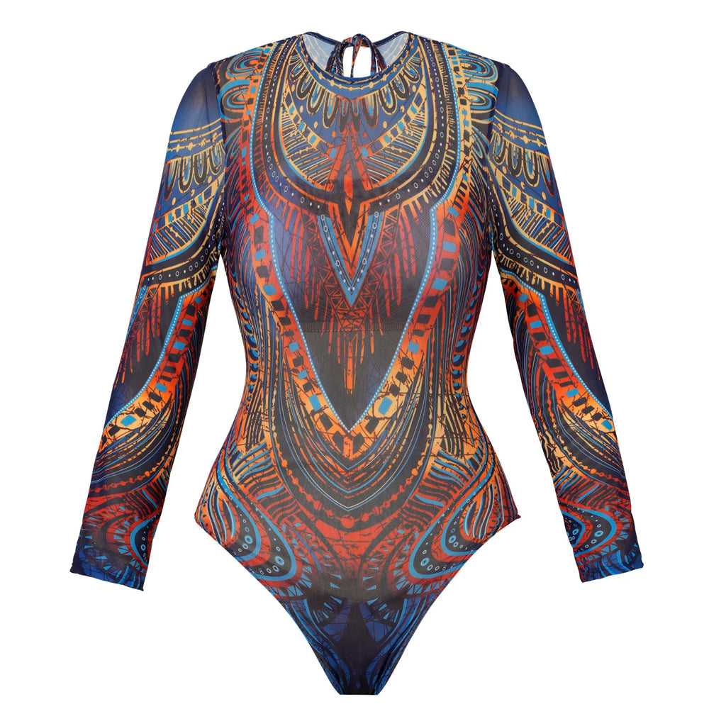 Vintage Blue Ethnic Print One Piece Swimsuit Mesh Long Skirt Set 2026 Women Long Sleeve Slim Fit Swimwear Summer Bathing Suits