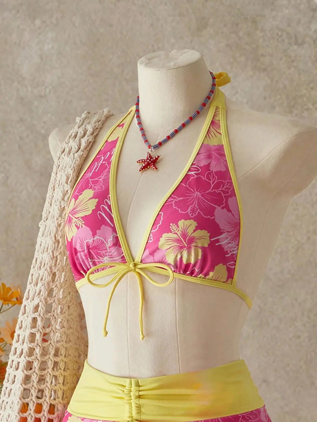 Vintage Pink Floral Print Contrast Bikini Set 2026 Women Drawstring Side Skirt 3 Piece Swimsuit Holiday Bathing Suit Swimwear