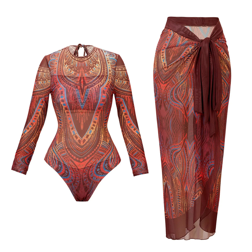 Vintage Blue Ethnic Print One Piece Swimsuit Mesh Long Skirt Set 2026 Women Long Sleeve Slim Fit Swimwear Summer Bathing Suits