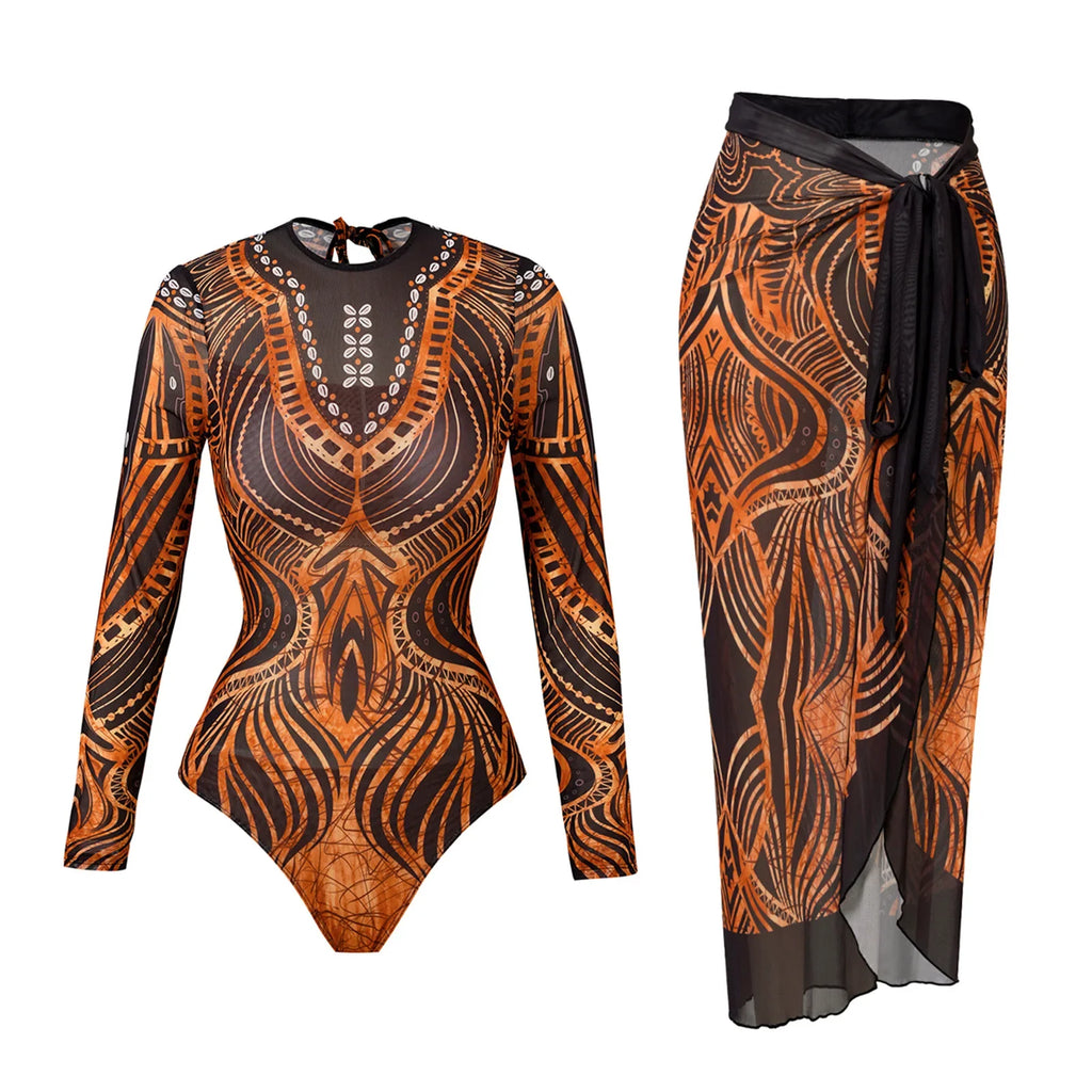 Vintage Blue Ethnic Print One Piece Swimsuit Mesh Long Skirt Set 2026 Women Long Sleeve Slim Fit Swimwear Summer Bathing Suits