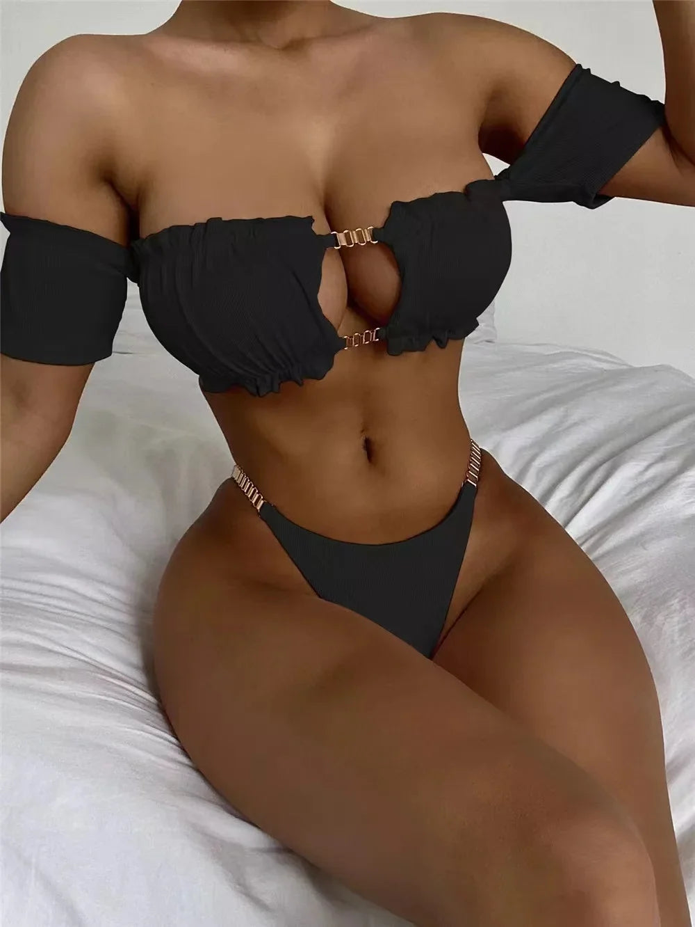 Sexy Solid Bikinis 2024 Women Off Shoulder Hollow Out Thong Swimsuit Brazilian Bathing Suit Ruffle Push UP Swimwear Biquini Swim