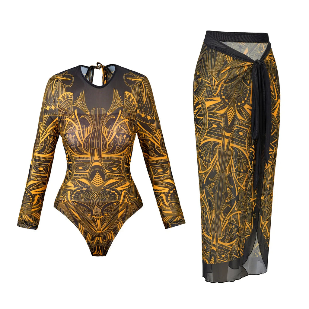Vintage Blue Ethnic Print One Piece Swimsuit Mesh Long Skirt Set 2026 Women Long Sleeve Slim Fit Swimwear Summer Bathing Suits